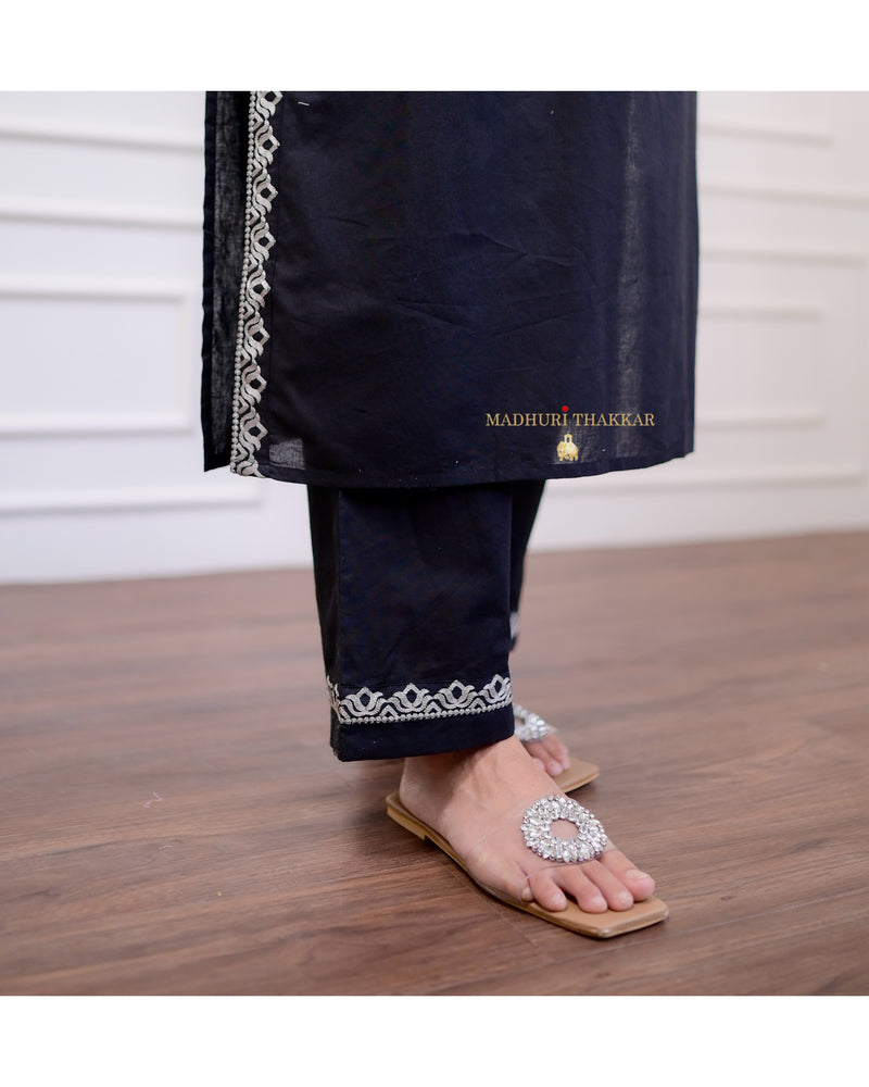Black Threadwork Cotton Kurta Set