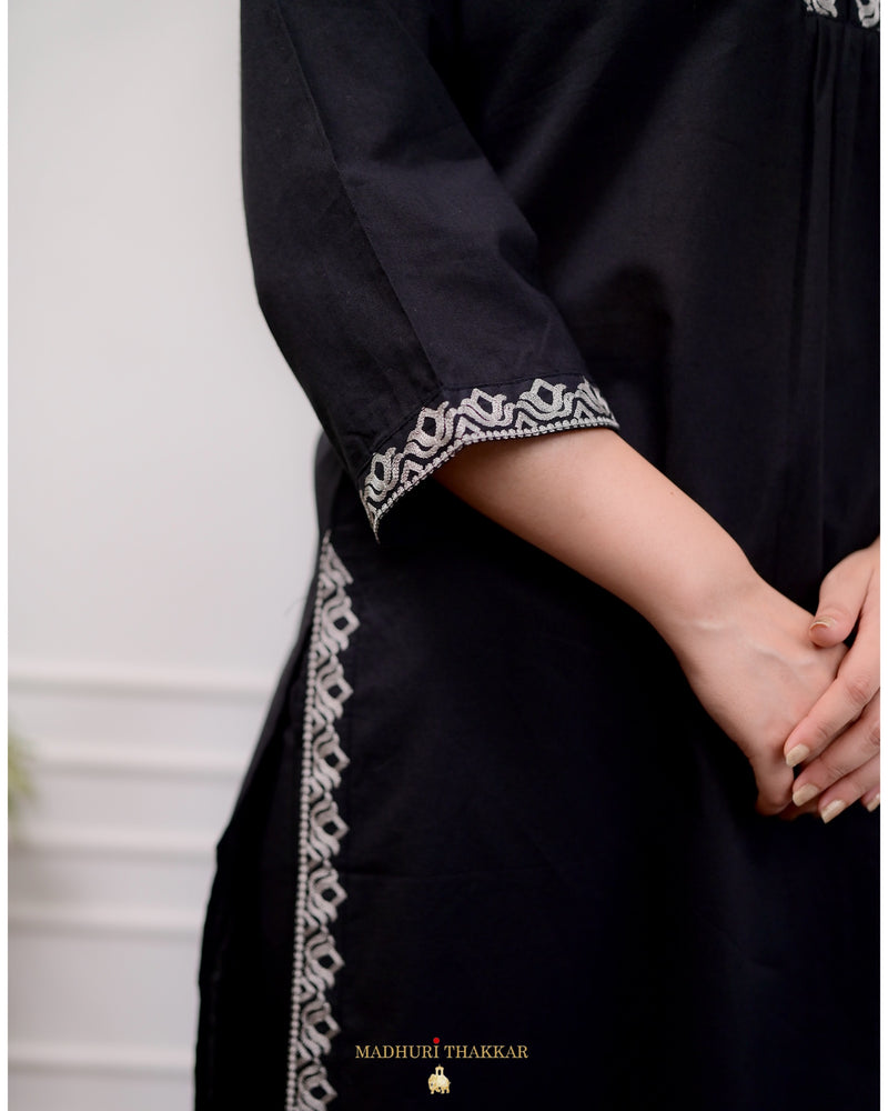 Black Threadwork Cotton Kurta Set