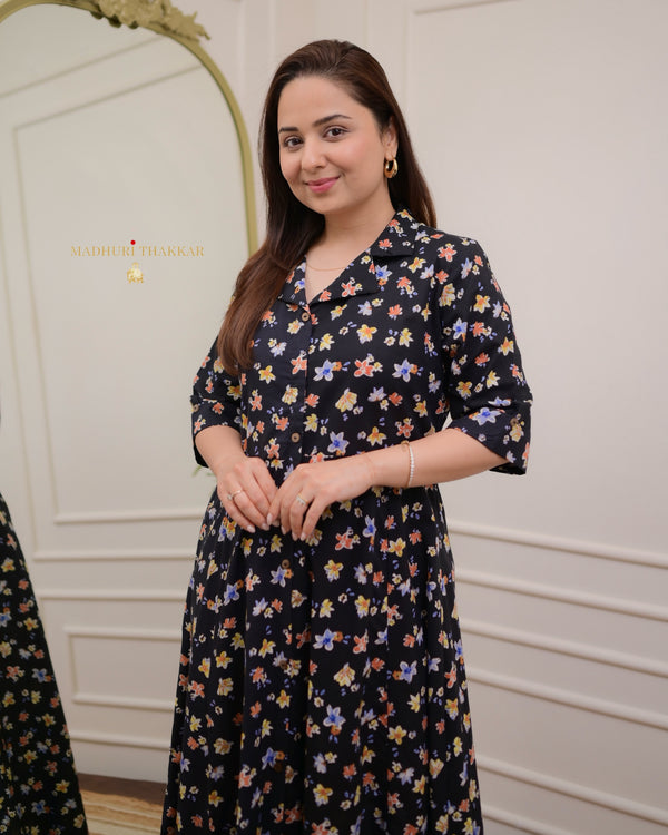Black Minimal Floral Cotton A Line Dress