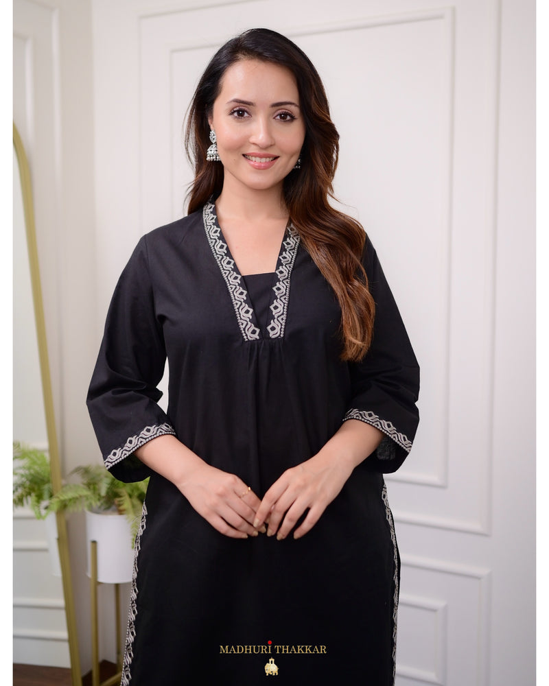 Black Threadwork Cotton Kurta Set