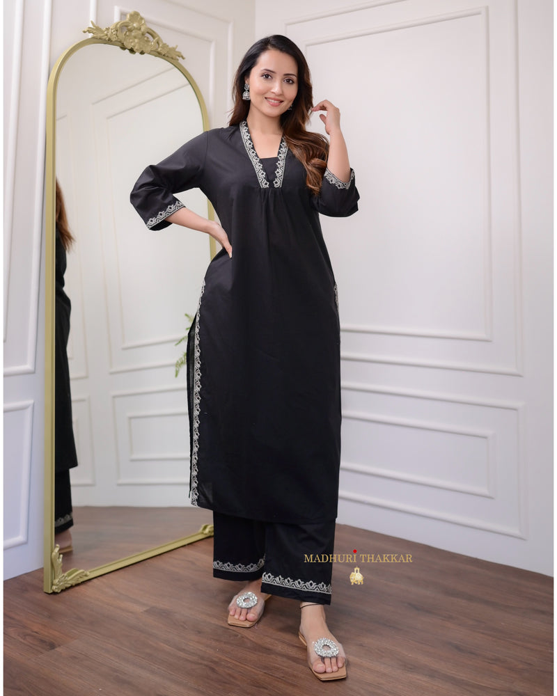 Black Threadwork Cotton Kurta Set