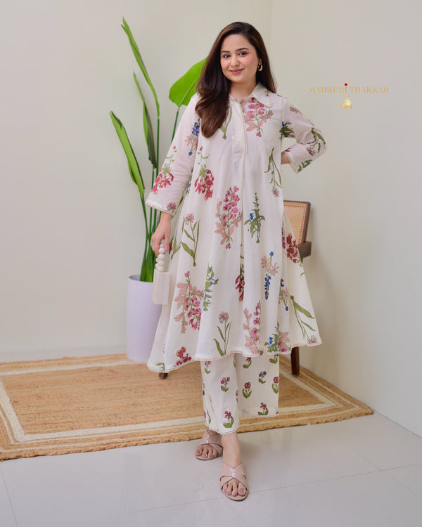 Ivory Mul Cotton Minimal Floral A Line Kurta Set