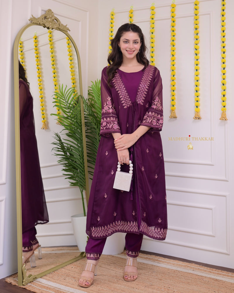 Magenta Organza A Line Suit with Cape