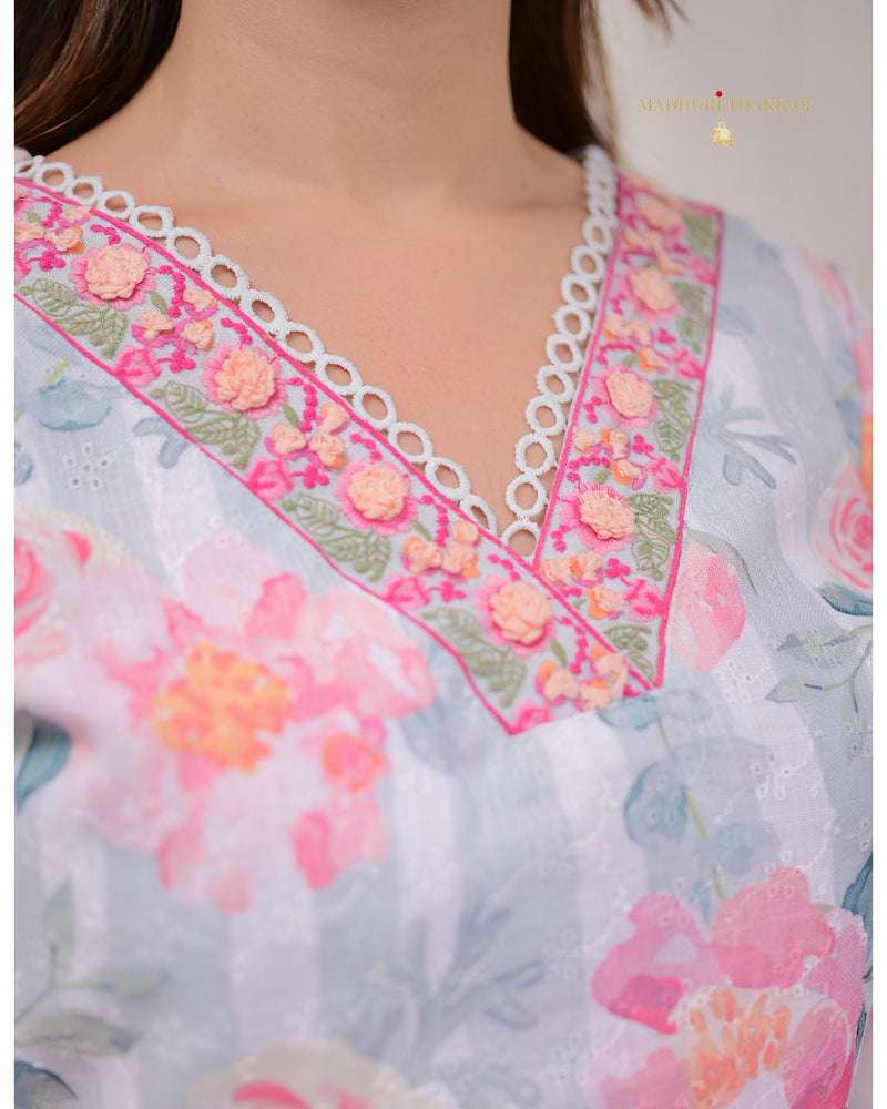 Grey Pink Rose Schiffli Cotton Suit