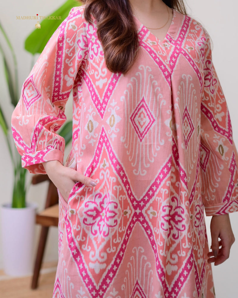 Peach Pink Baroque A Line Cotton Kurta Set