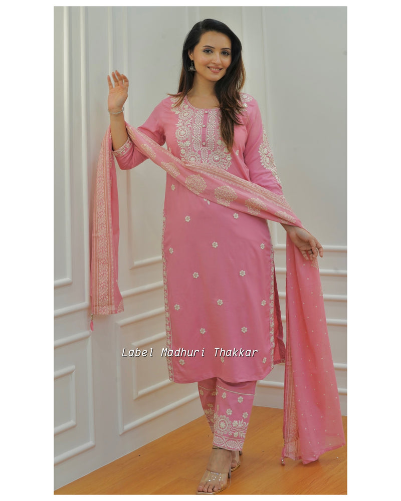 Buy Pastel Pink Lucknowi Chikankari Kurta With Skirt & Dupatta Online -  RI.Ritu Kumar International Store View