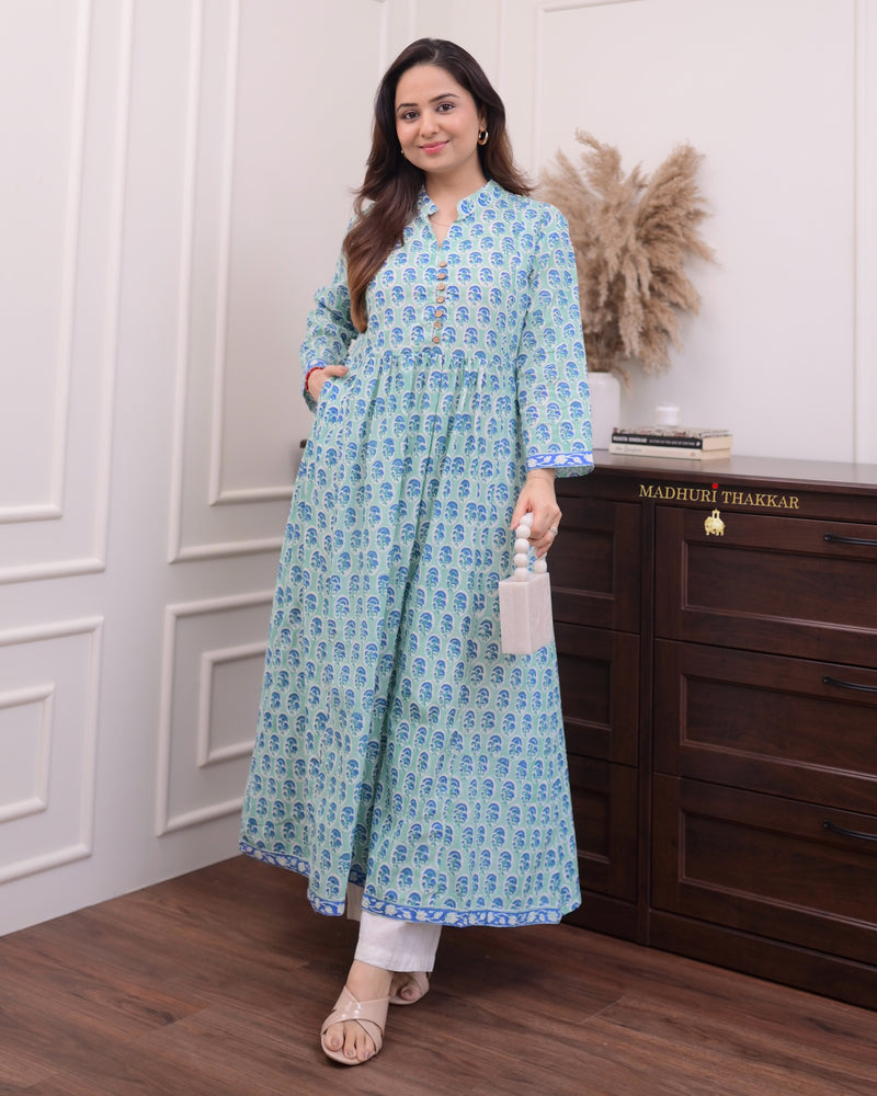 Turquoise Floral A Line Kurta