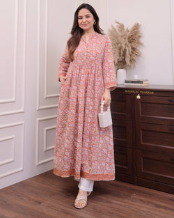 Rust Floral Cotton A Line Kurta