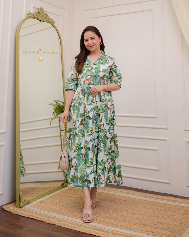 Ivory Green Botanical Cotton A Line Dress