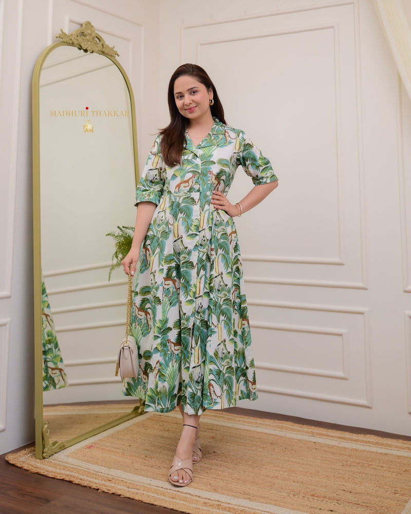 Ivory Green Botanical Cotton A Line Dress