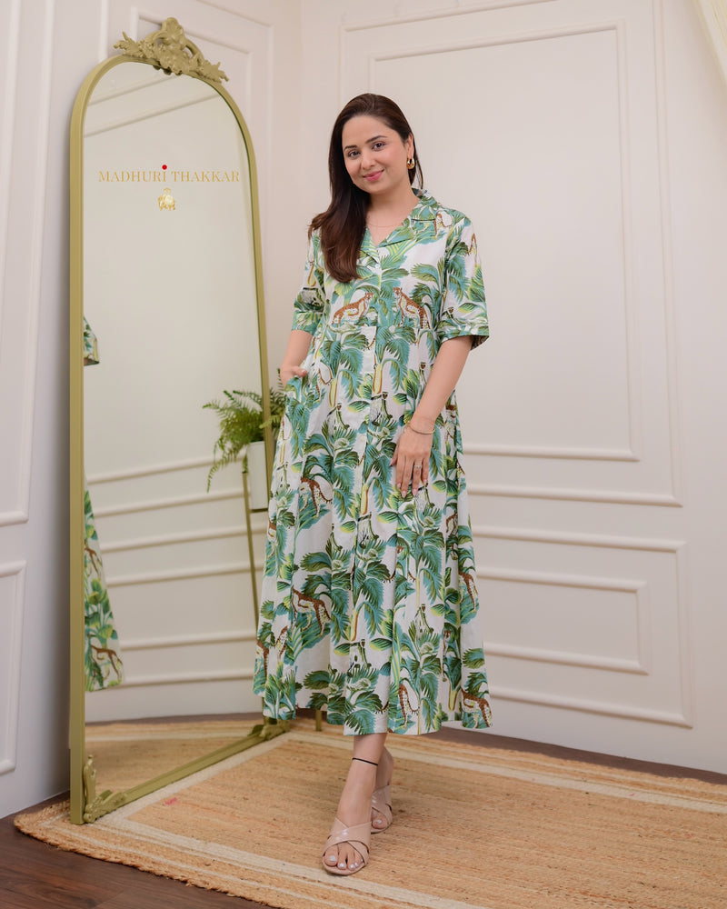 Ivory Green Botanical Cotton A Line Dress