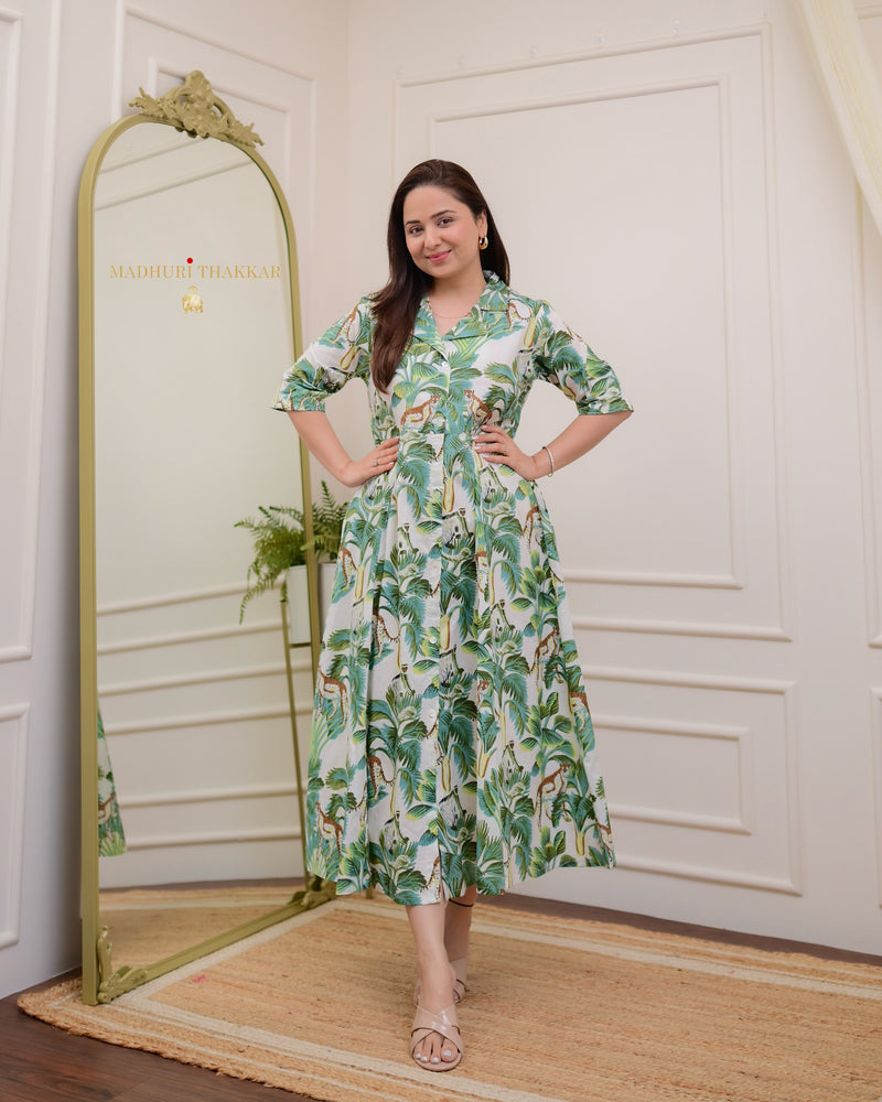 Ivory Green Botanical Cotton A Line Dress