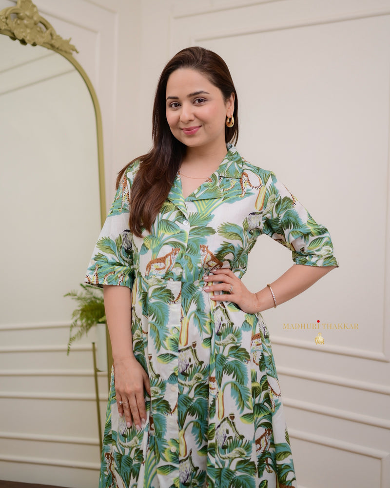 Ivory Green Botanical Cotton A Line Dress