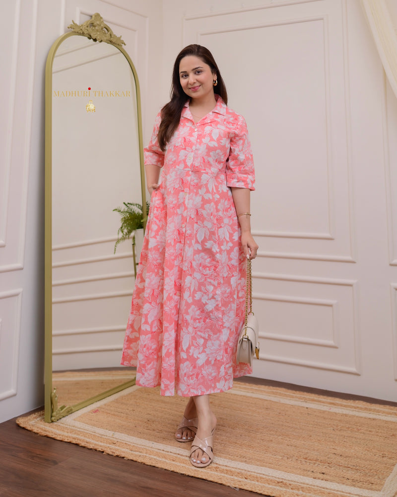 Peach Floral Cotton A Line Dress