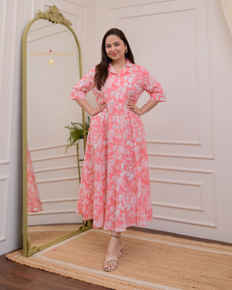 Peach Floral Cotton A Line Dress