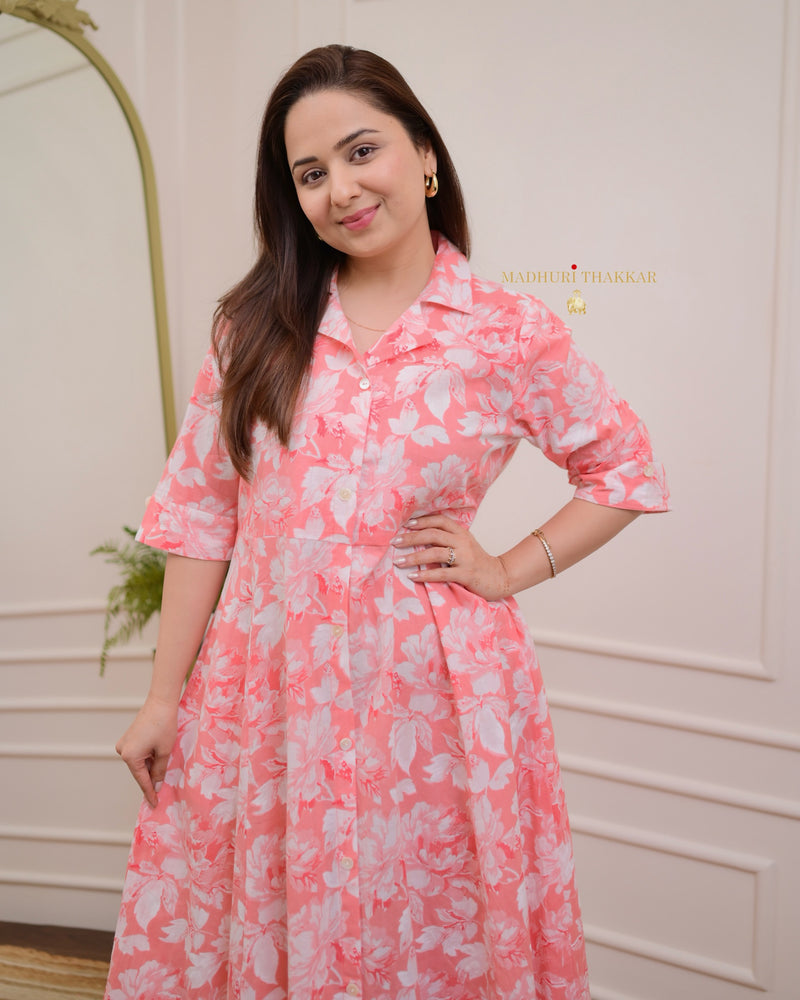 Peach Floral Cotton A Line Dress