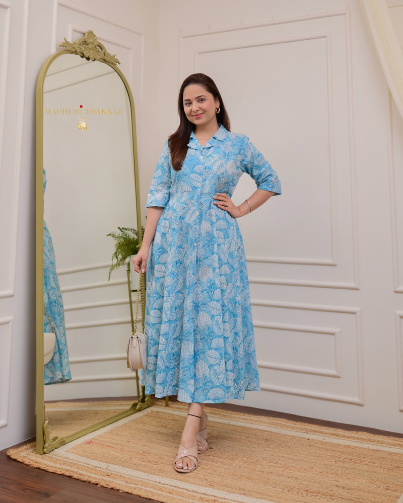 Light Blue Botanical Cotton A Line Dress