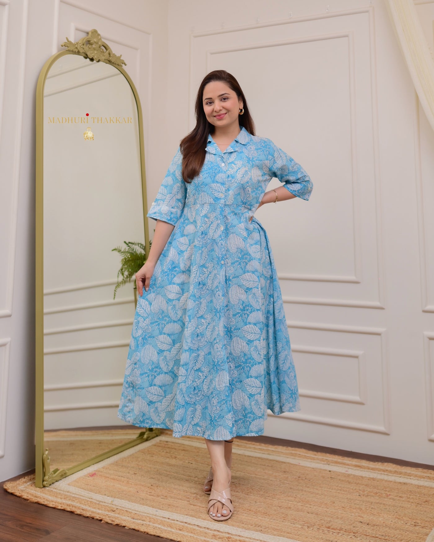 Light Blue Botanical Print A Line Pure Cotton Maxi Dress For Women Label Madhuri Thakkar Light Blue Botanical Print A Line Pure Cotton Maxi Dress For Women Label Madhuri Thakkar