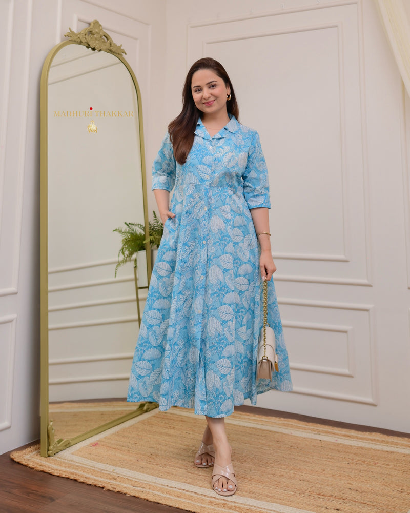 Light Blue Botanical Cotton A Line Dress