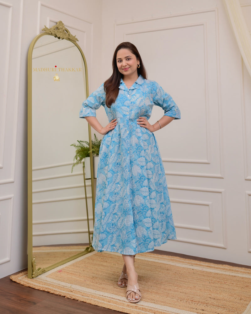 Light Blue Botanical Cotton A Line Dress
