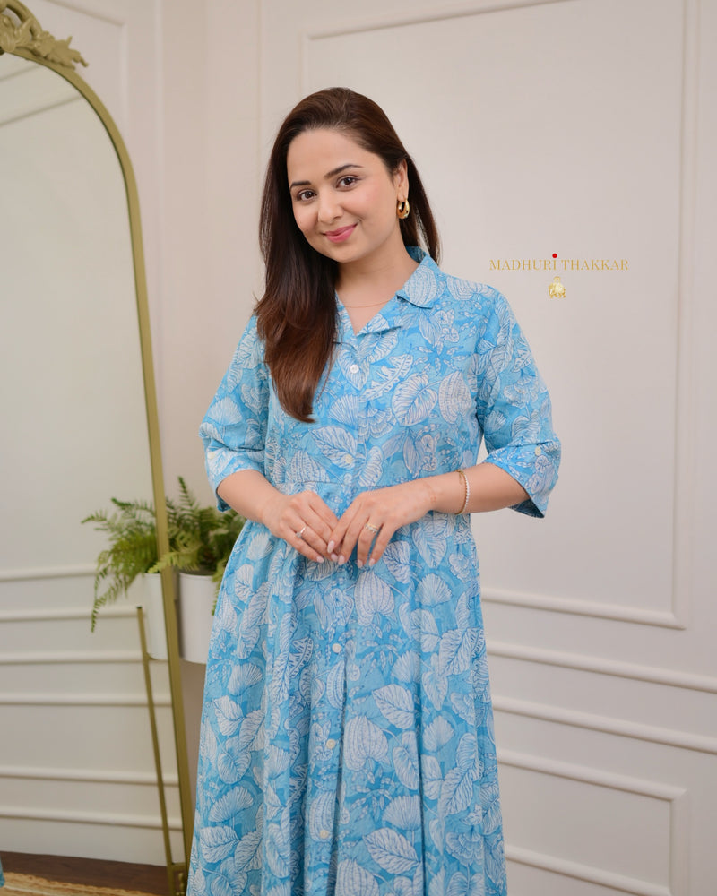 Light Blue Botanical Cotton A Line Dress