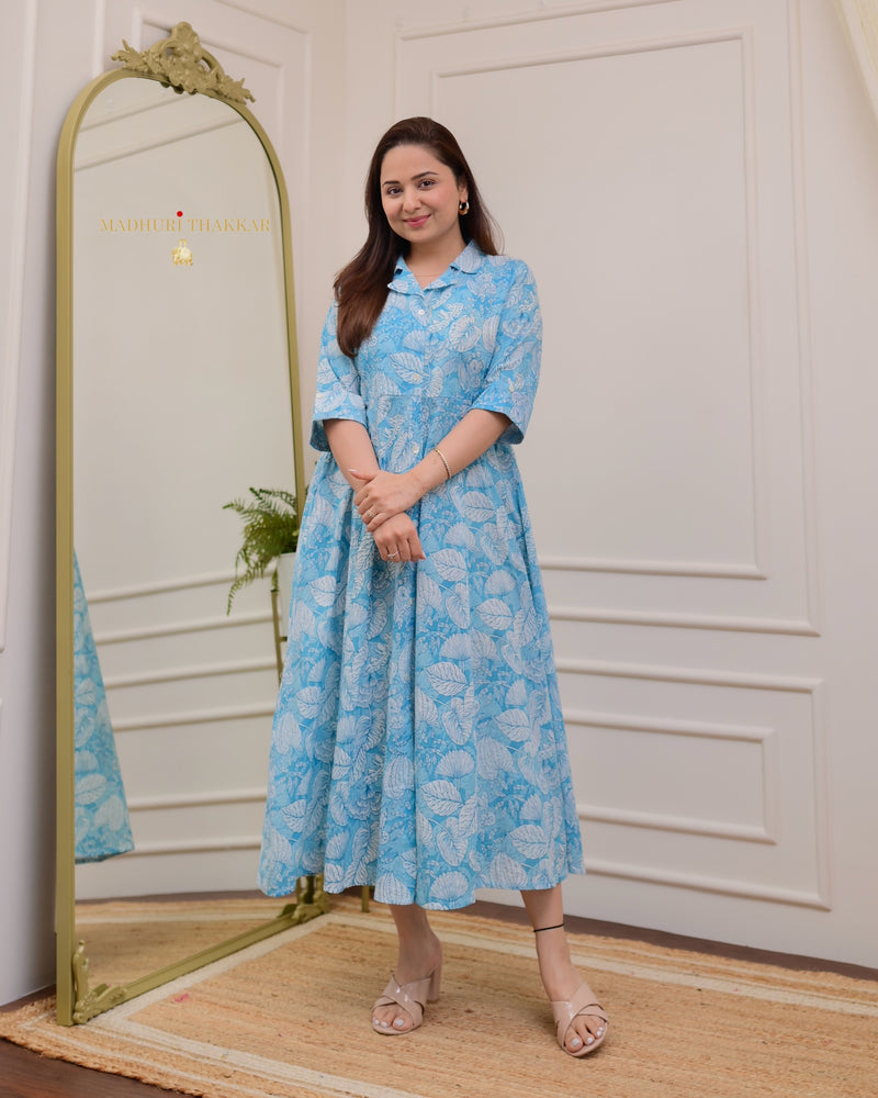 Light Blue Botanical Cotton A Line Dress