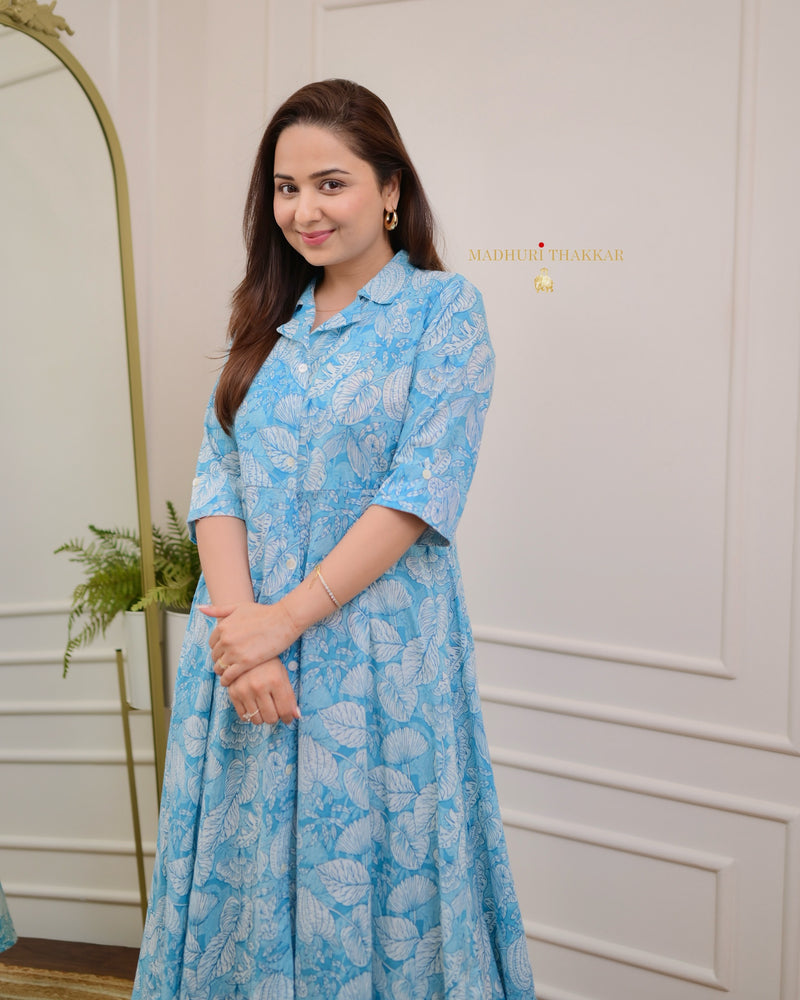 Light Blue Botanical Cotton A Line Dress