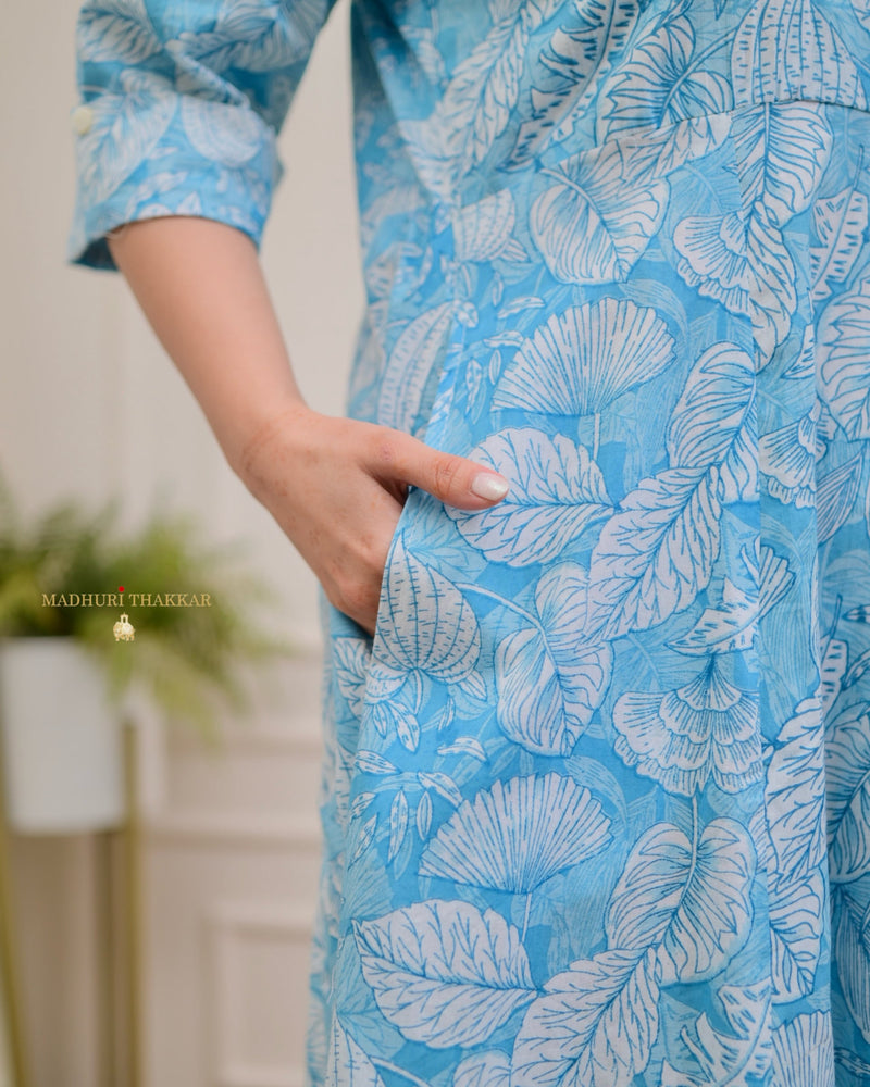 Light Blue Botanical Cotton A Line Dress