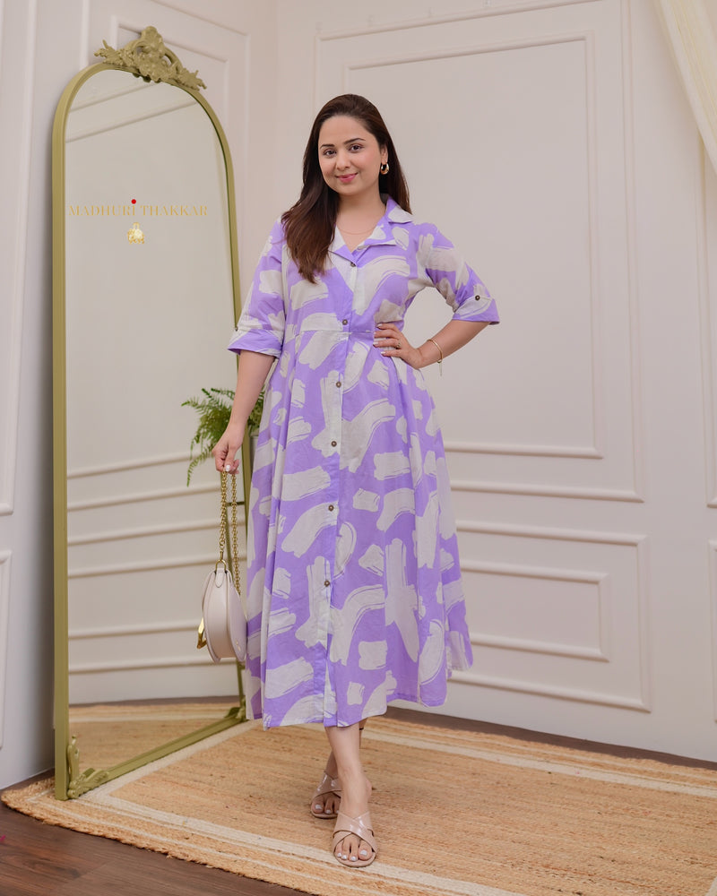 Lilac Abstract Cotton A Line Dress