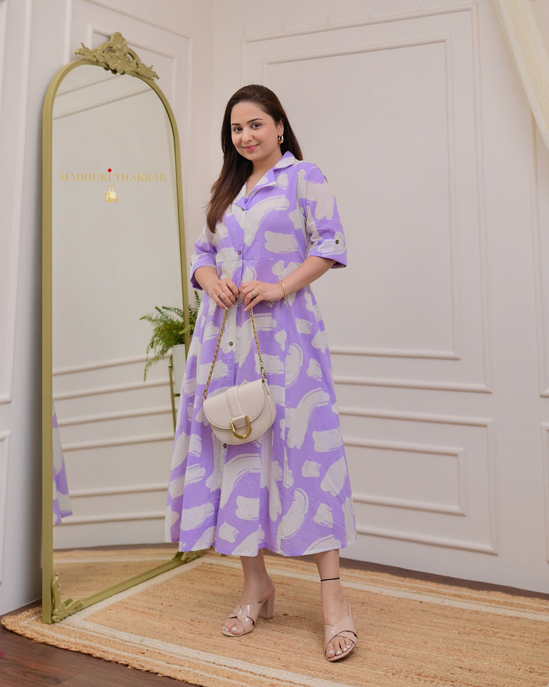 Lilac Abstract Cotton A Line Dress