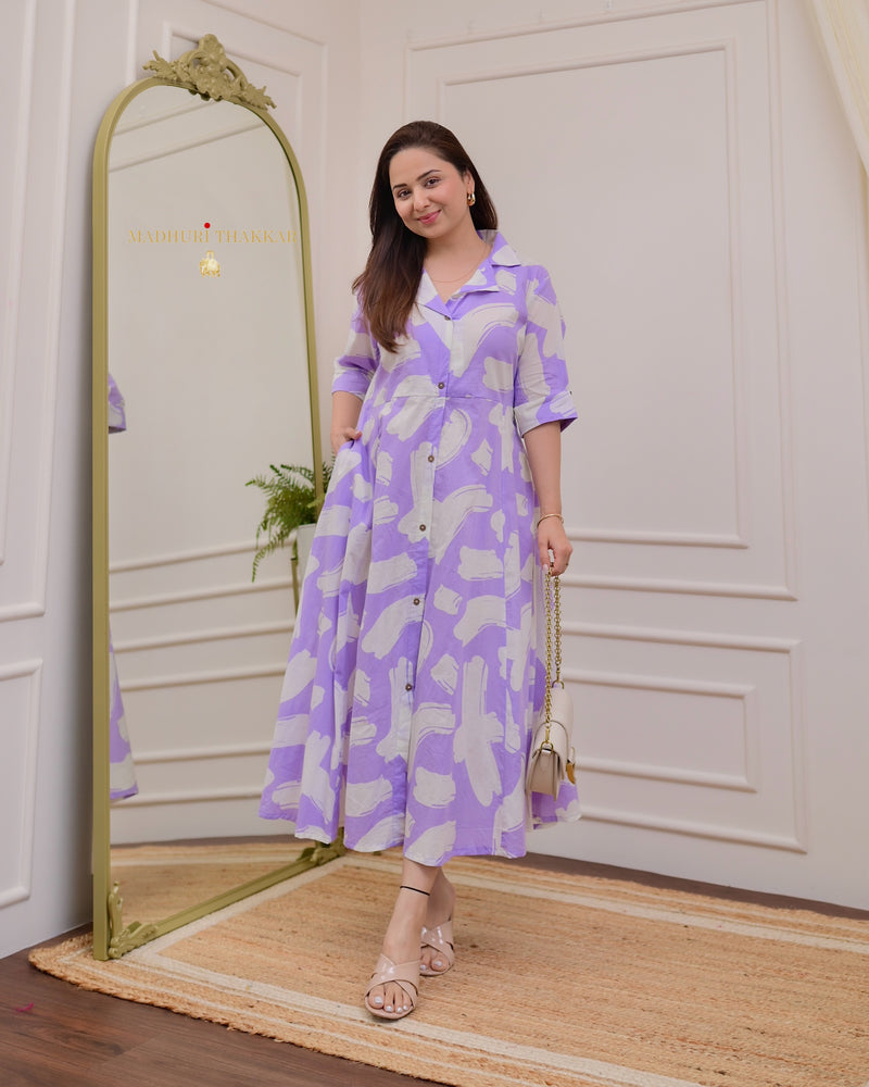Lilac Abstract Cotton A Line Dress