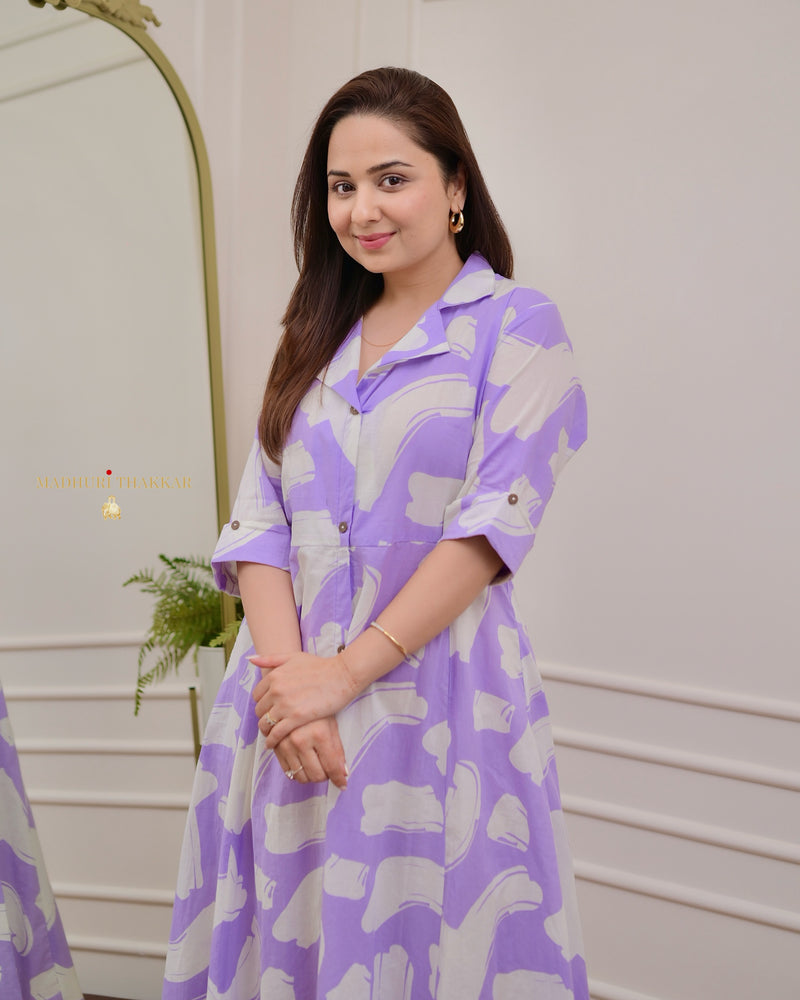 Lilac Abstract Cotton A Line Dress