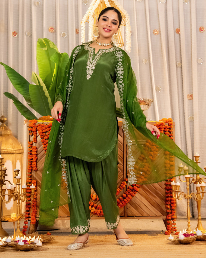 Bottle Green Glass Organza Farshi Handwork Festive Suit
