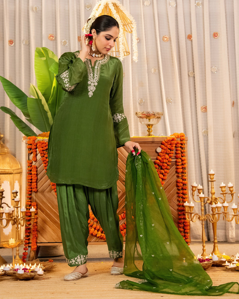 Bottle Green Glass Organza Farshi Handwork Festive Suit