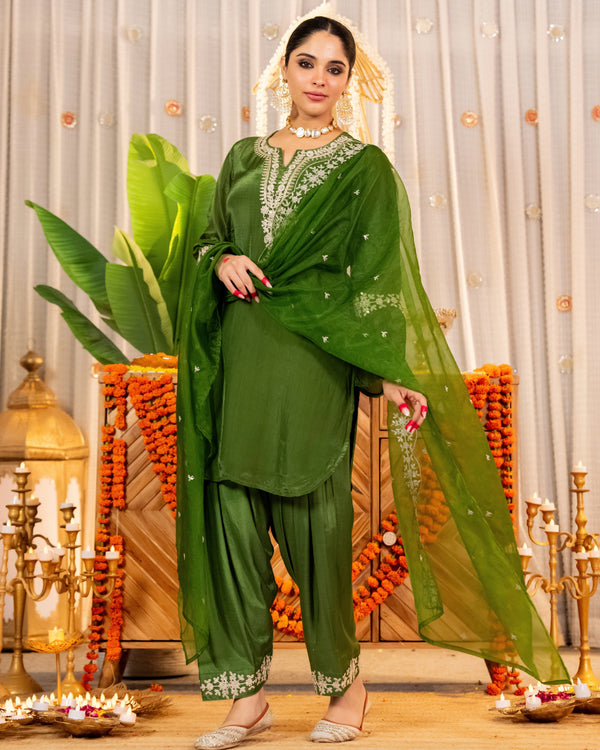 Bottle Green Glass Organza Farshi Handwork Festive Suit