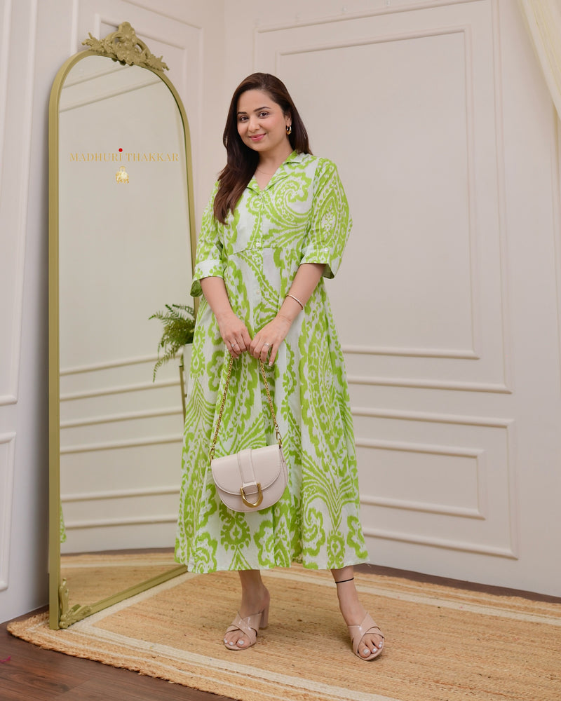 Green White Baroque Print A Line Pure Cotton Maxi Dress For Women Label Madhuri Thakkar Green White Baroque Print A Line Pure Cotton Maxi Dress For Women Label Madhuri Thakkar