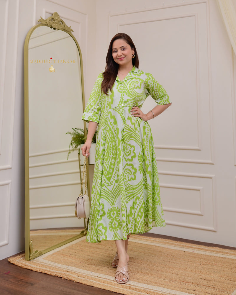 Green White Baroque Print A Line Pure Cotton Maxi Dress For Women Label Madhuri Thakkar Green White Baroque Print A Line Pure Cotton Maxi Dress For Women Label Madhuri Thakkar