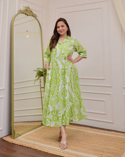 Green White Baroque Cotton A Line Dress
