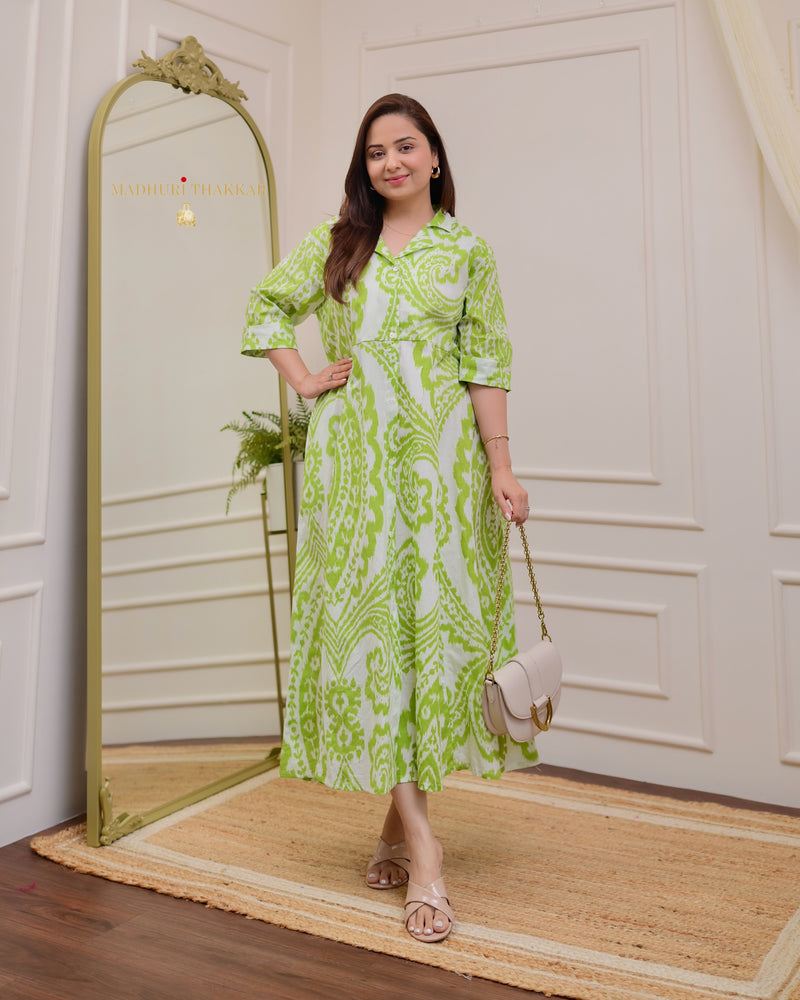 Green White Baroque Cotton A Line Dress