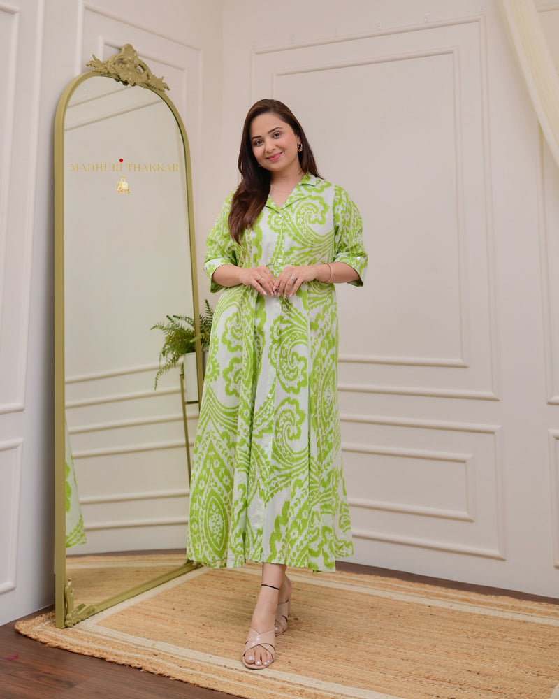 Green White Baroque Cotton A Line Dress