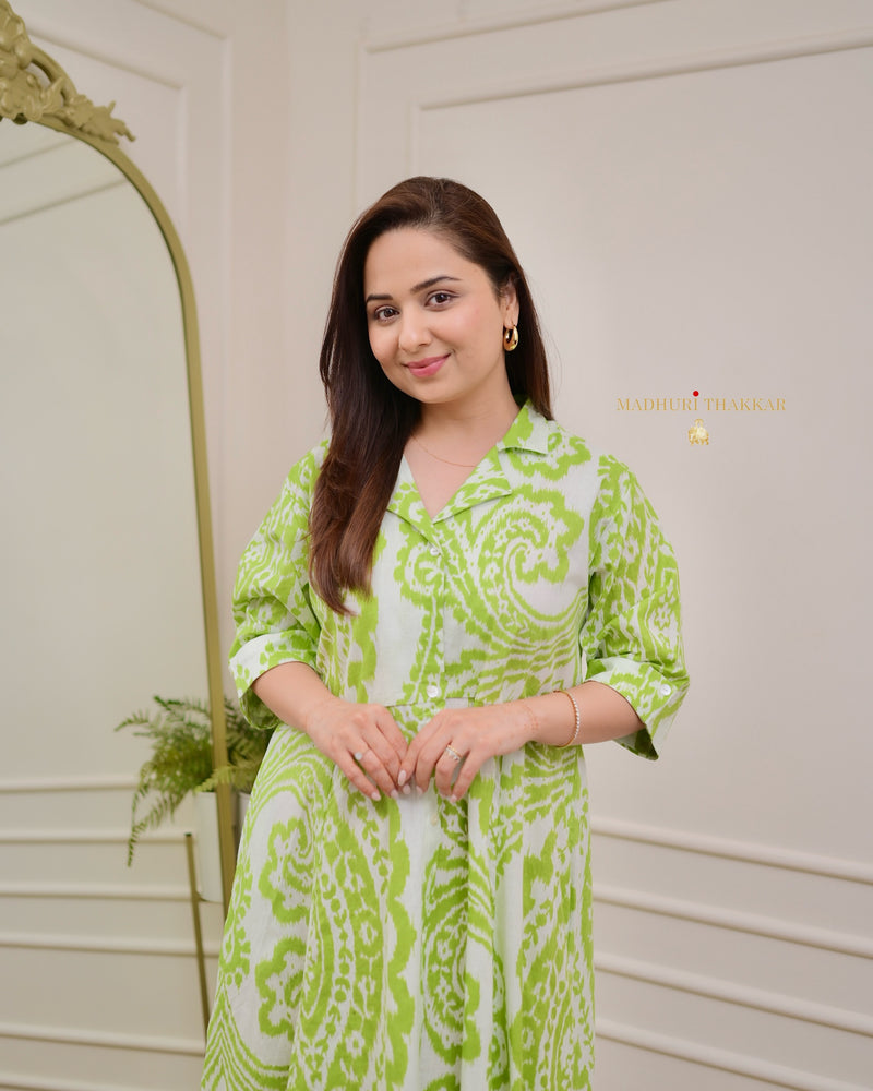 Green White Baroque Cotton A Line Dress