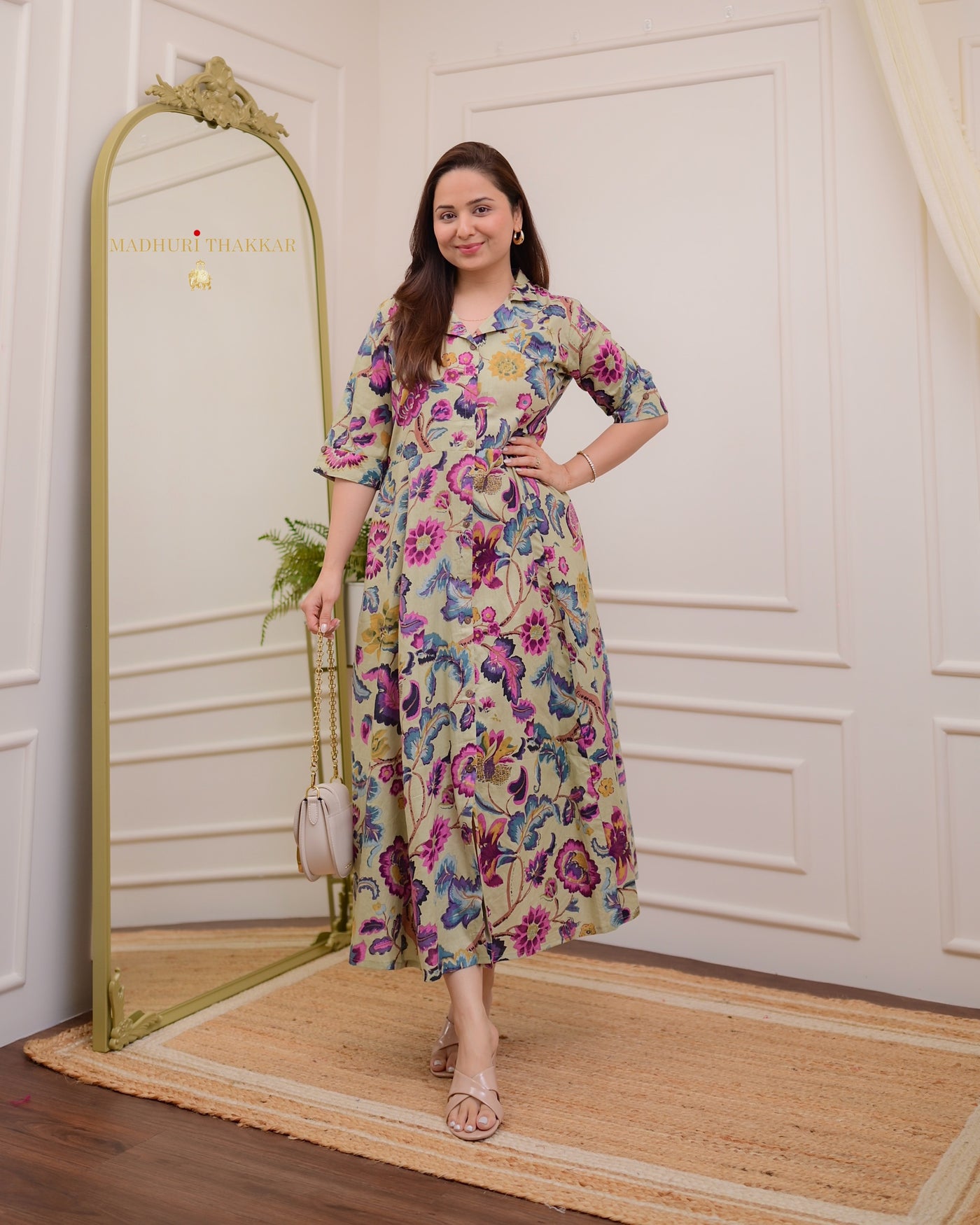 Sage Green Floral Cotton A Line Dress