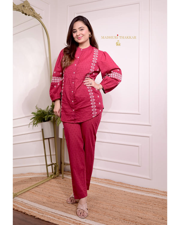 Maroon-Red Threadwork Cotton Co-ord