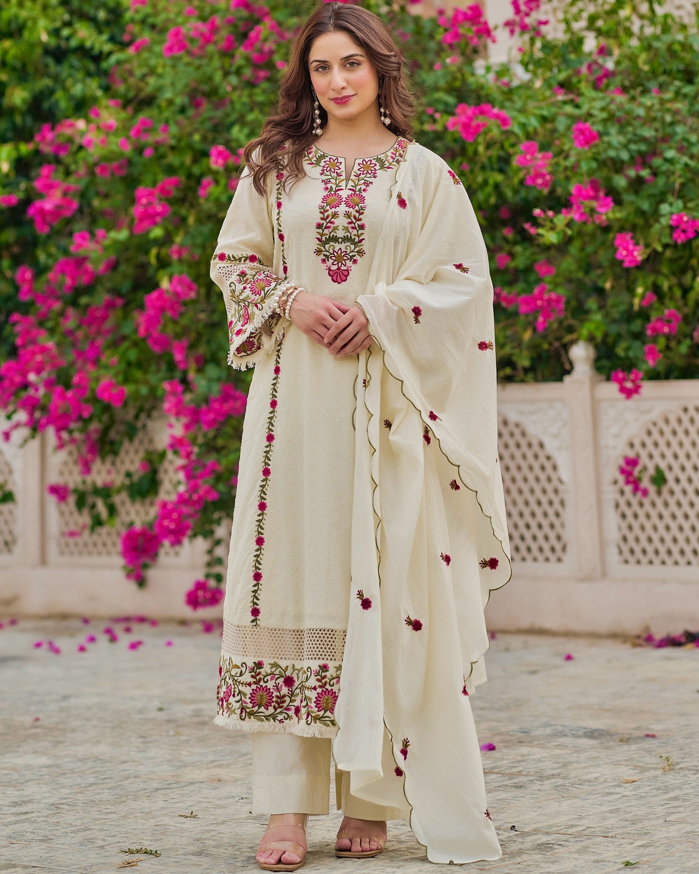 Ivory Schiffli Threadwork Garden Cotton Suit