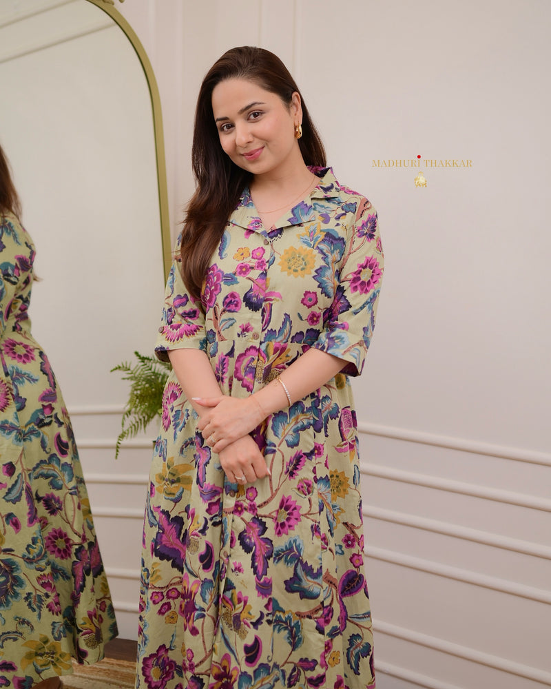 Sage Green Floral Cotton A Line Dress