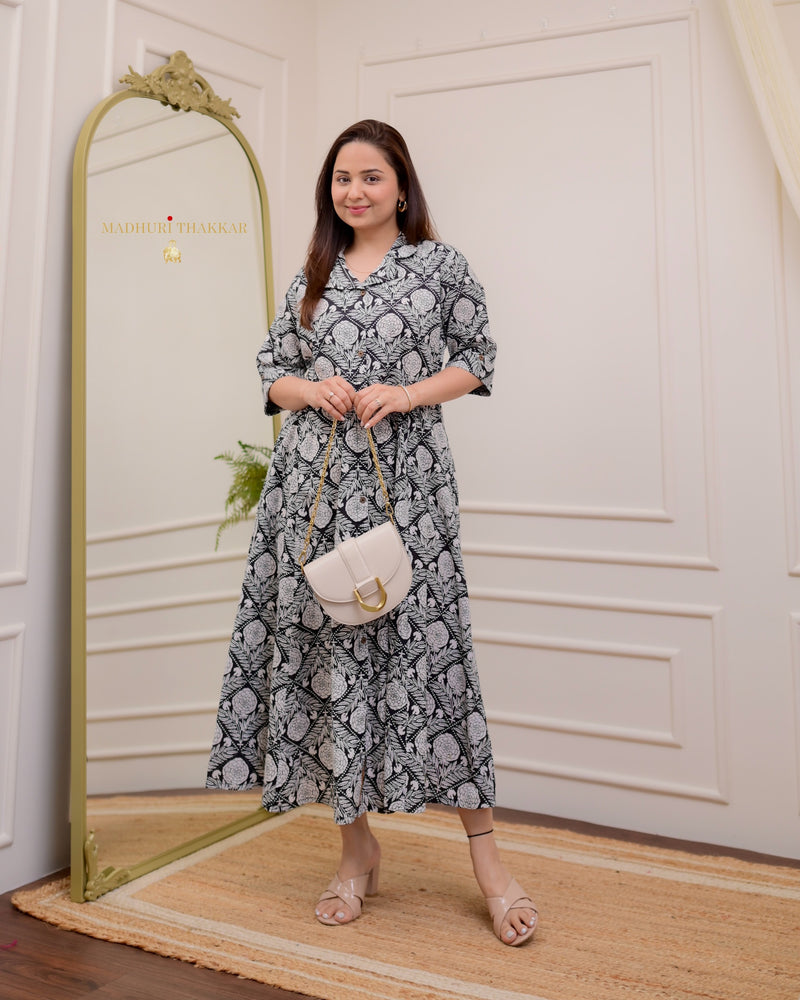 Black White Rose Print Cotton A Line Dress