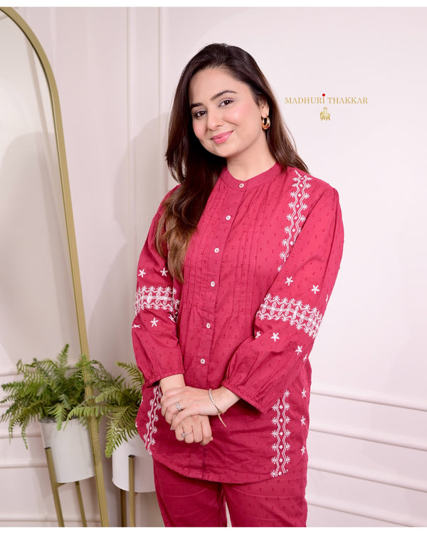 Maroon-Red Threadwork Cotton Co-ord