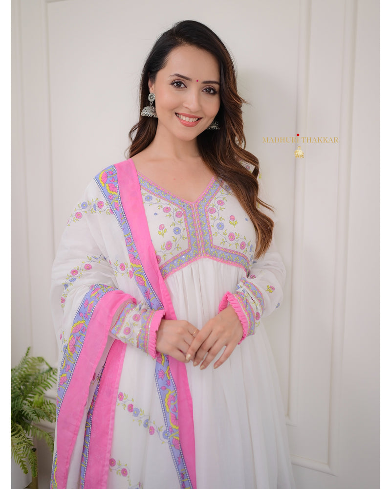 Pink-White Floral Mul Cotton Anarkali