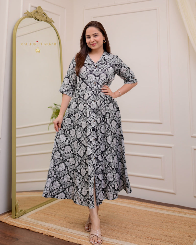 Black White Rose Print Cotton A Line Dress