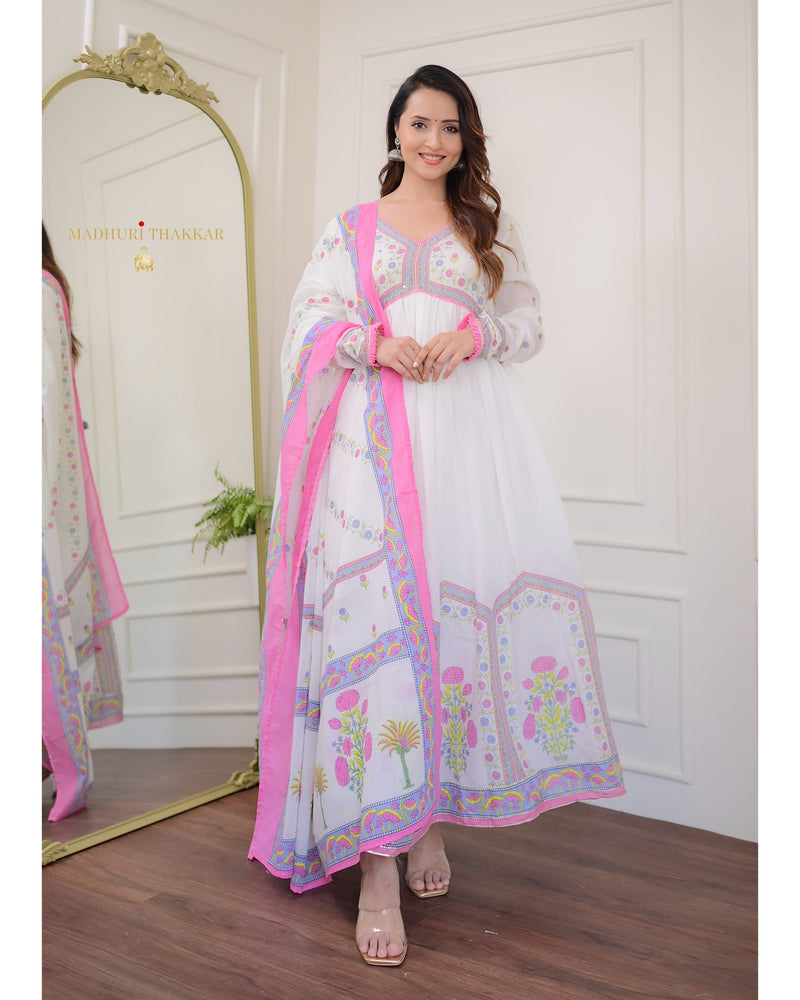 Pink-White Floral Mul Cotton Anarkali